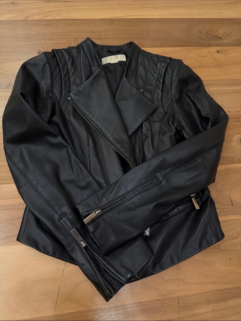 Michael Kors Black Leather Moto Jacket with Quilted Shoulder Detail